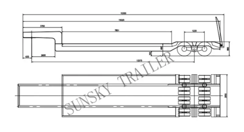 one line two axles low bed trailer